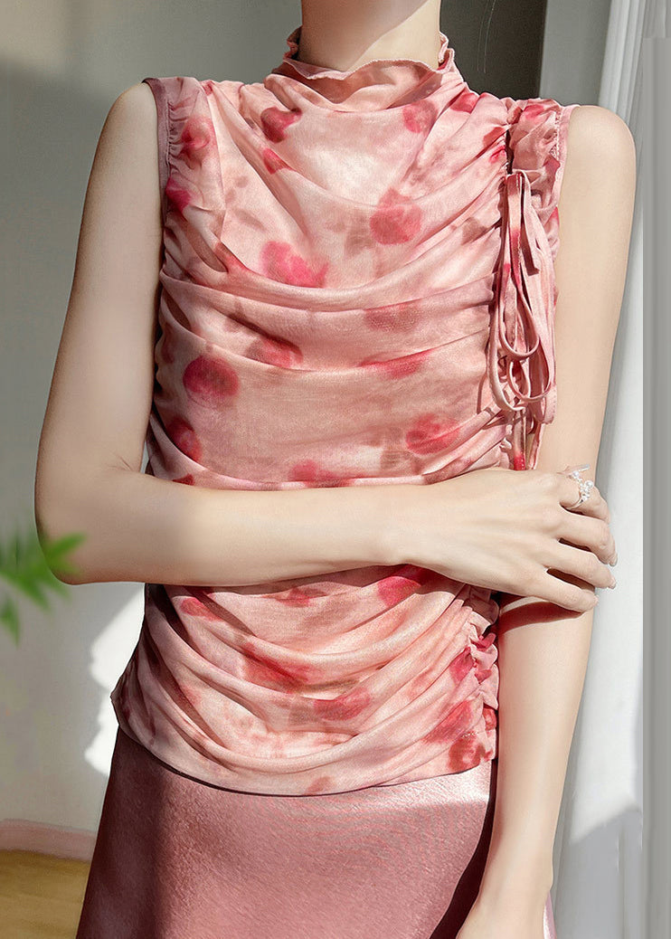 Beautiful Up Tulle Pink Print Tops Lace Sleeveless Wrinkled