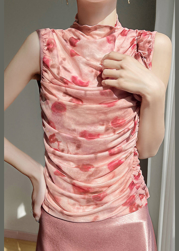 Beautiful Up Tulle Pink Print Tops Lace Sleeveless Wrinkled