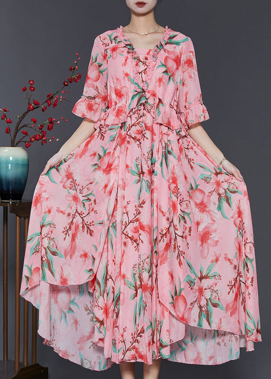 Beautiful Pink Ruffled Print Exra Large Hem Chiffon Dresses Summer SD1086