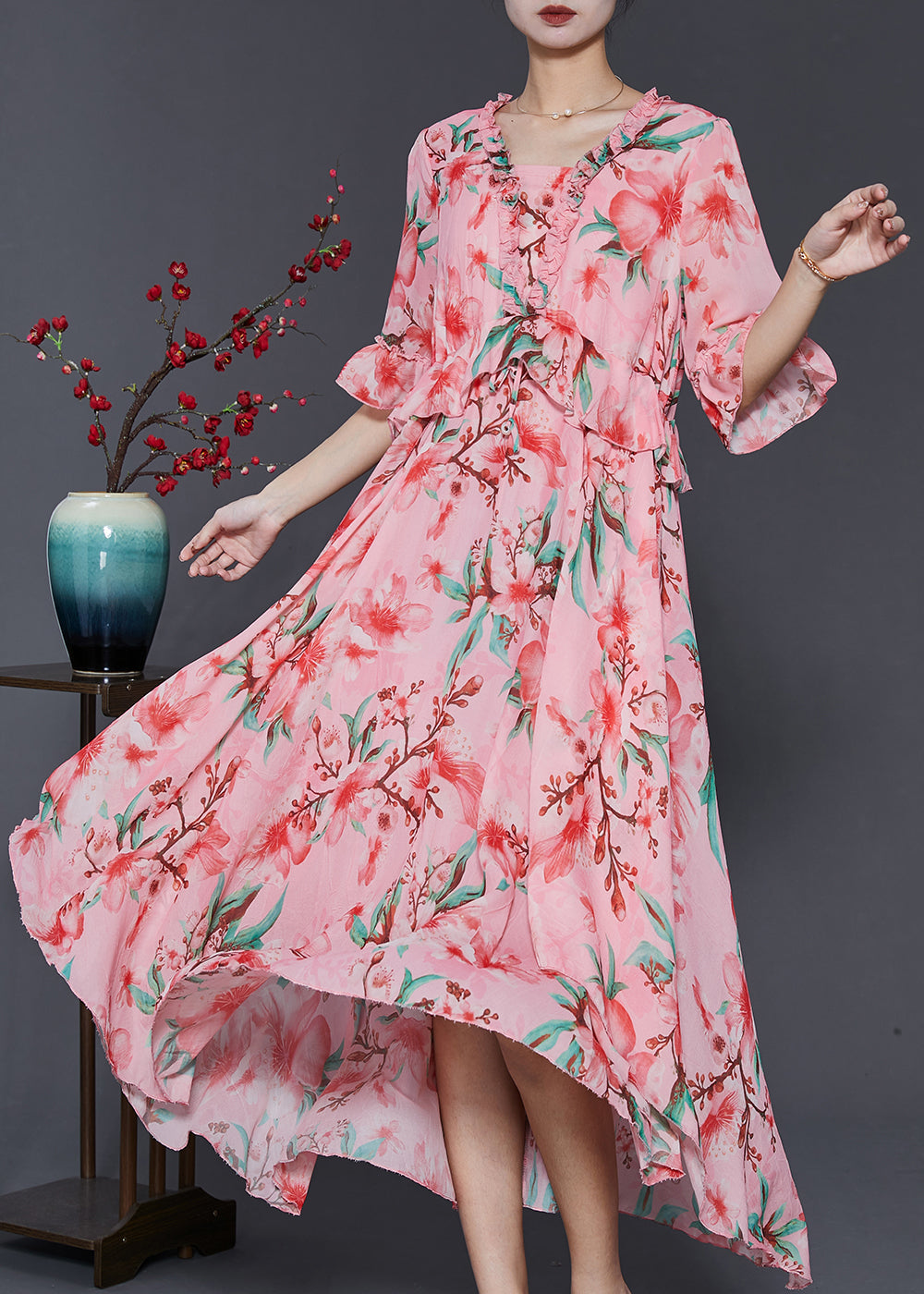 Beautiful Pink Ruffled Print Exra Large Hem Chiffon Dresses Summer SD1086