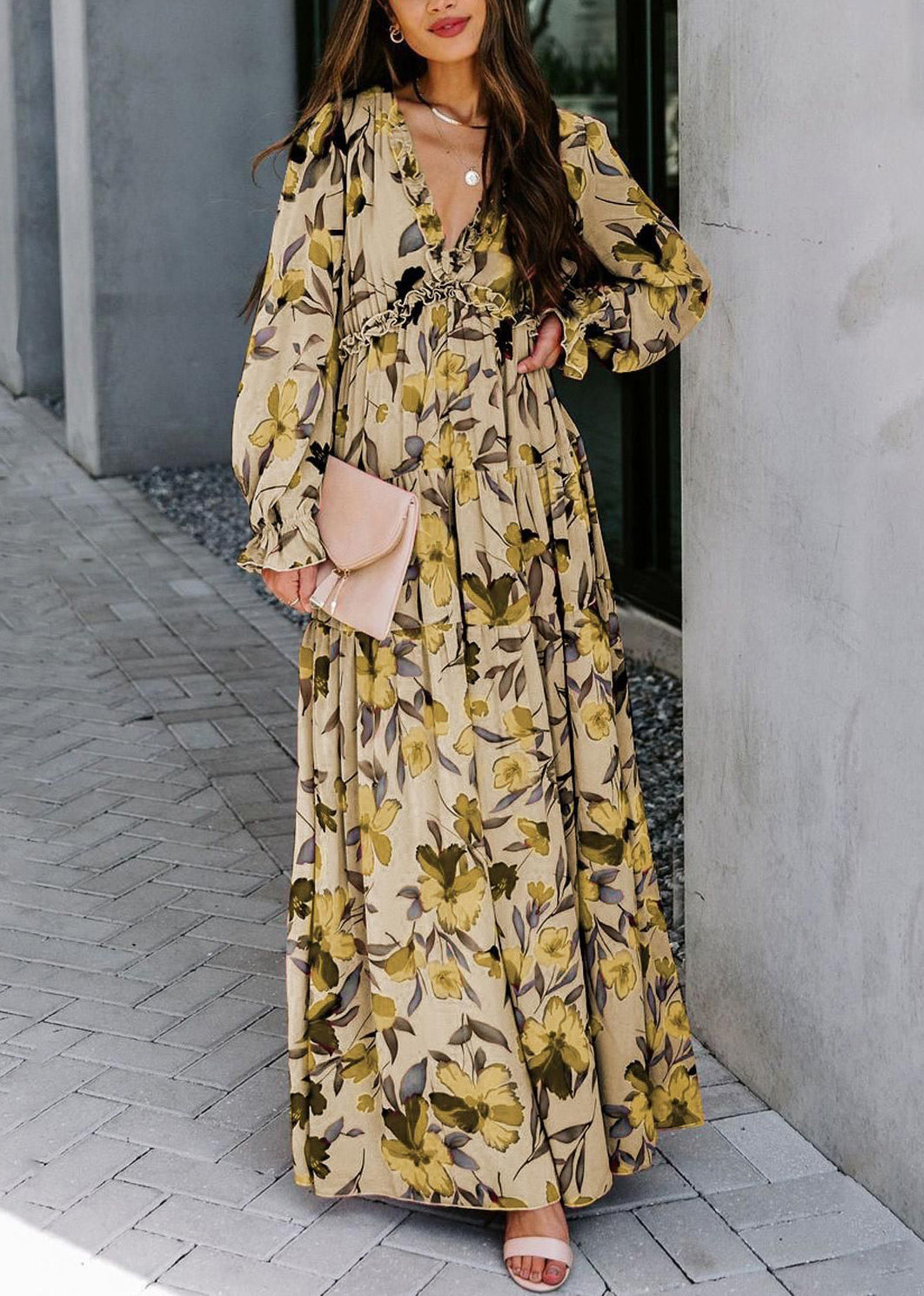 Ruffled Pink Long Neck Print V Chiffon Beautiful Spring Dress