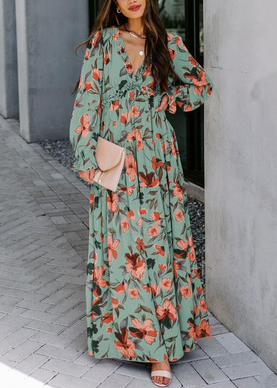 Ruffled Pink Long Neck Print V Chiffon Beautiful Spring Dress
