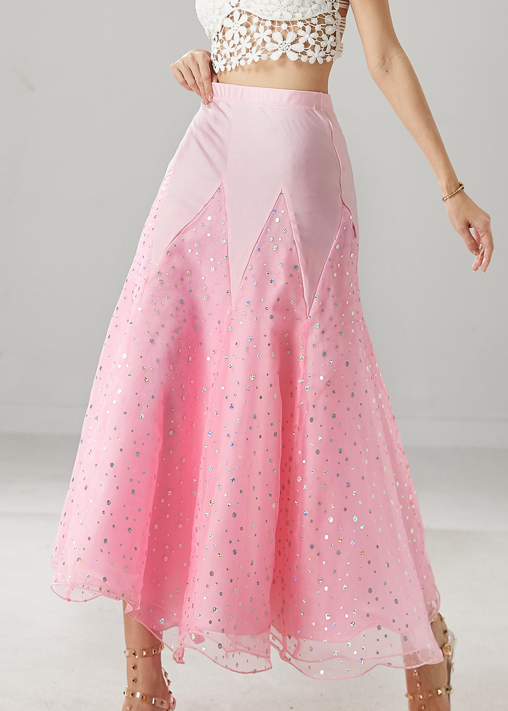 Beautiful Pink Zircon Patchwork Tulle Dance Skirt Spring YU1033