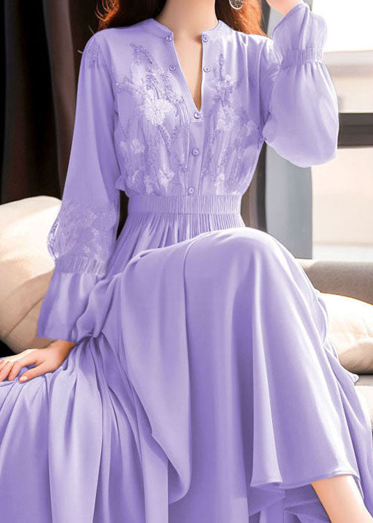 Beautiful Purple Embroidered Lace Elastic Waist Maxi Dresses Fall QR031