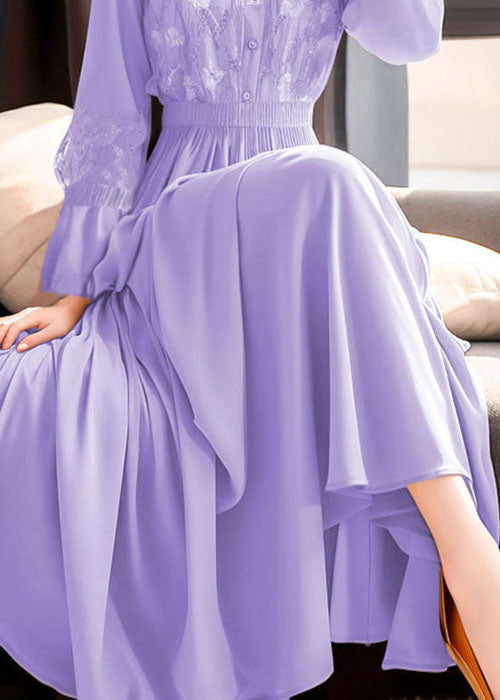 Beautiful Purple Embroidered Lace Elastic Waist Maxi Dresses Fall QR031