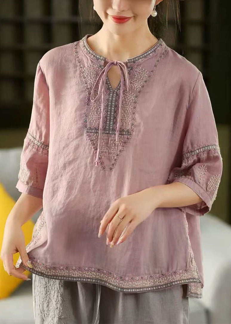Embroidered Purple Summer Beautiful Top Shirt Linen