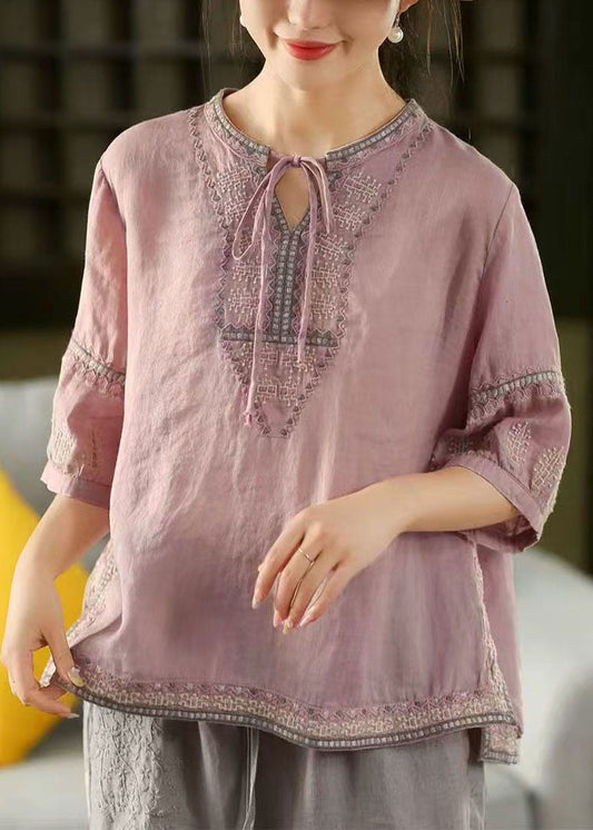 Embroidered Purple Summer Beautiful Top Shirt Linen