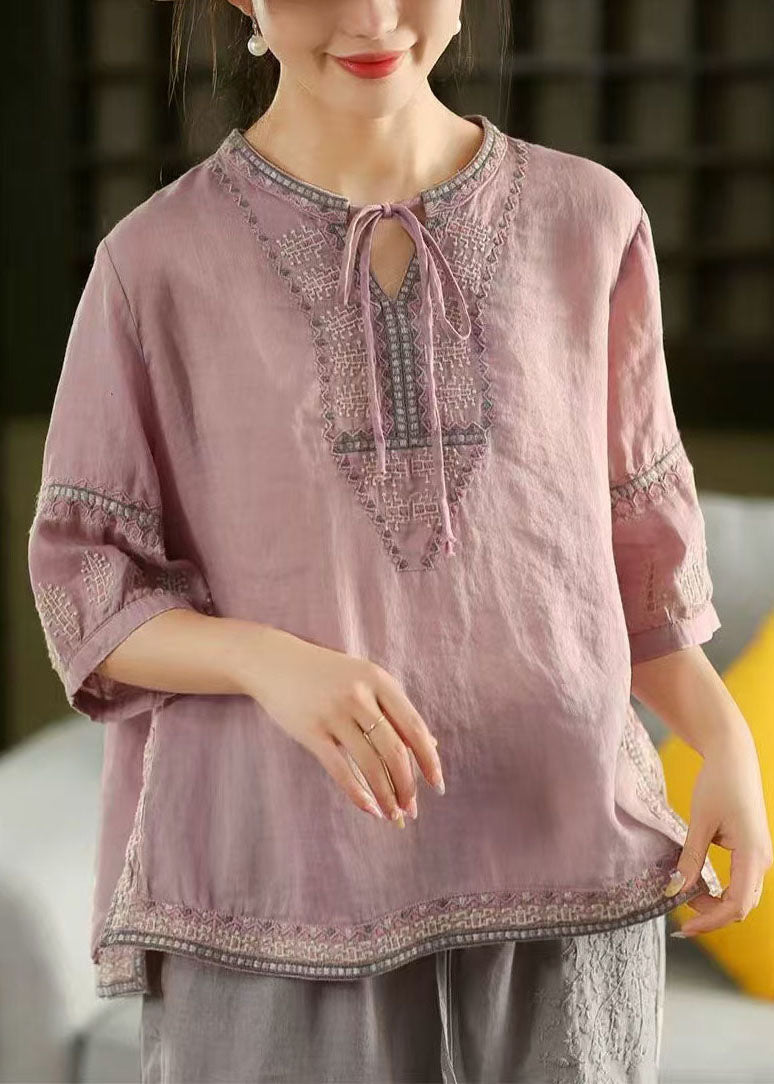 Embroidered Purple Summer Beautiful Top Shirt Linen