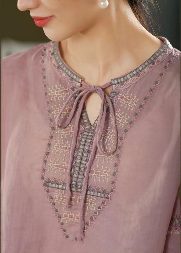 Embroidered Purple Summer Beautiful Top Shirt Linen