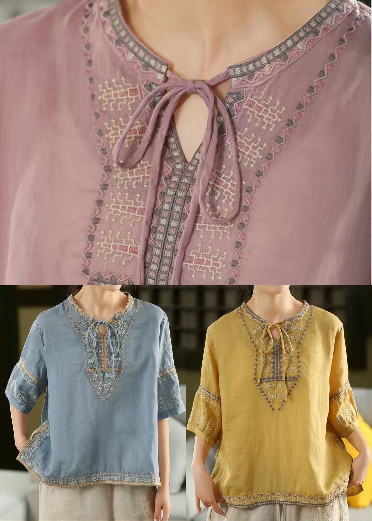 Embroidered Purple Summer Beautiful Top Shirt Linen