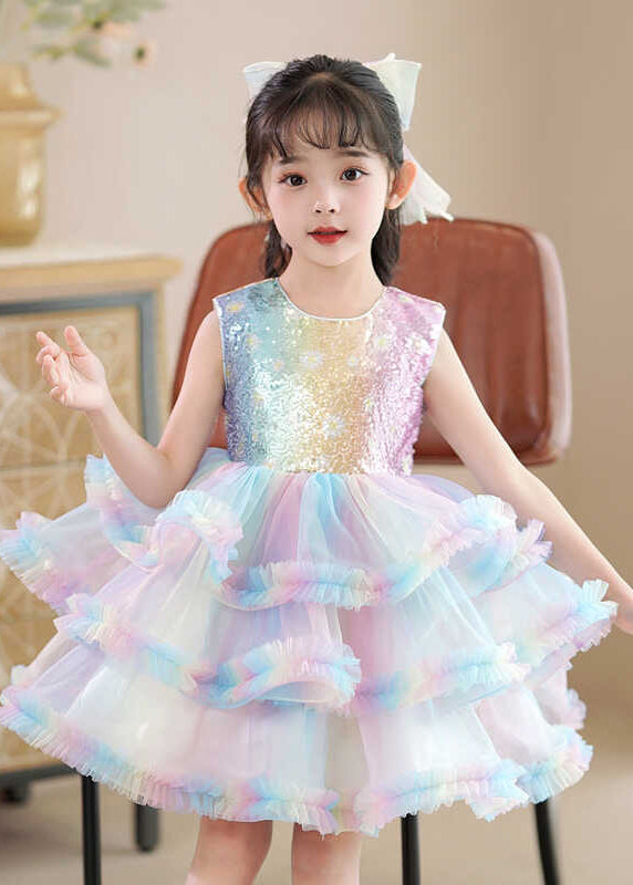 Beautiful Rainbow O-Neck Tulle Kids Maxi Dress Sleeveless YE016