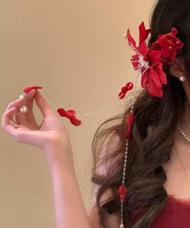 Tassel Floral Pearl Acrylic Red Beautiful Hairpin