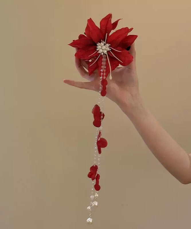 Tassel Floral Pearl Acrylic Red Beautiful Hairpin
