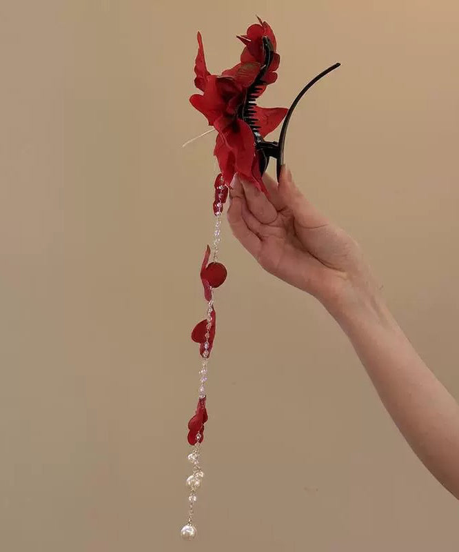 Tassel Floral Pearl Acrylic Red Beautiful Hairpin
