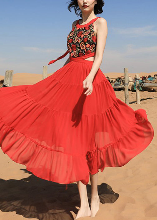 Red Long Beautiful Up Sleeveless Chiffon Embroidered Dress Lace