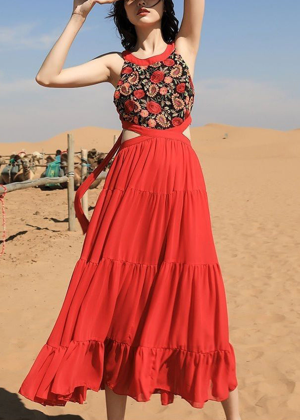 Red Long Beautiful Up Sleeveless Chiffon Embroidered Dress Lace