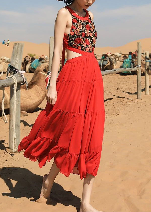 Red Long Beautiful Up Sleeveless Chiffon Embroidered Dress Lace