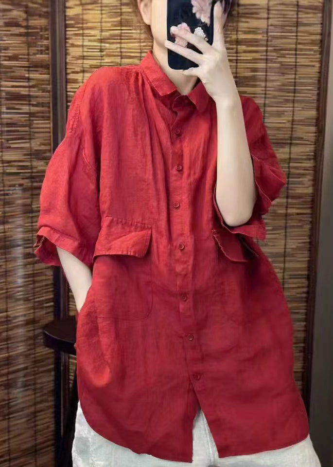 Beautiful Pockets Linen Summer Oversized Red Blouses