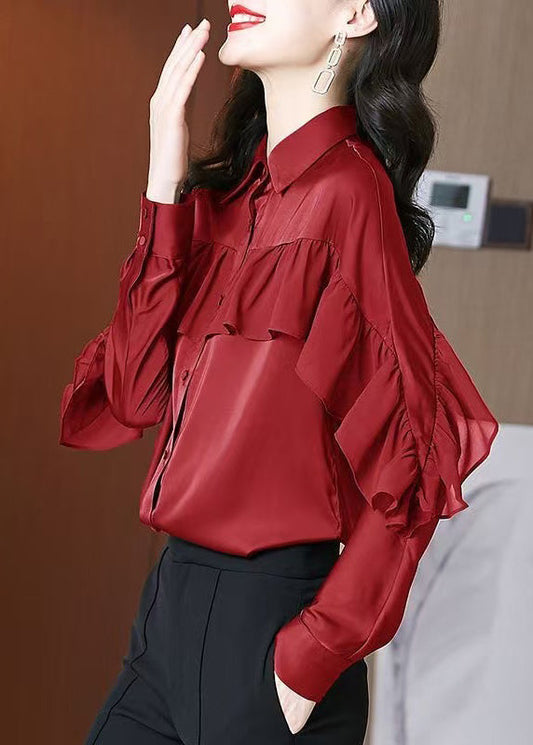 Beautiful Red Peter Pan Collar Ruffled Patchwork Silk Shirts Spring RL027