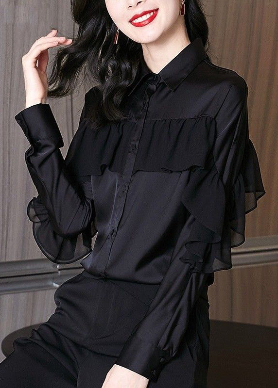 Beautiful Red Peter Pan Collar Ruffled Patchwork Silk Shirts Spring RL027