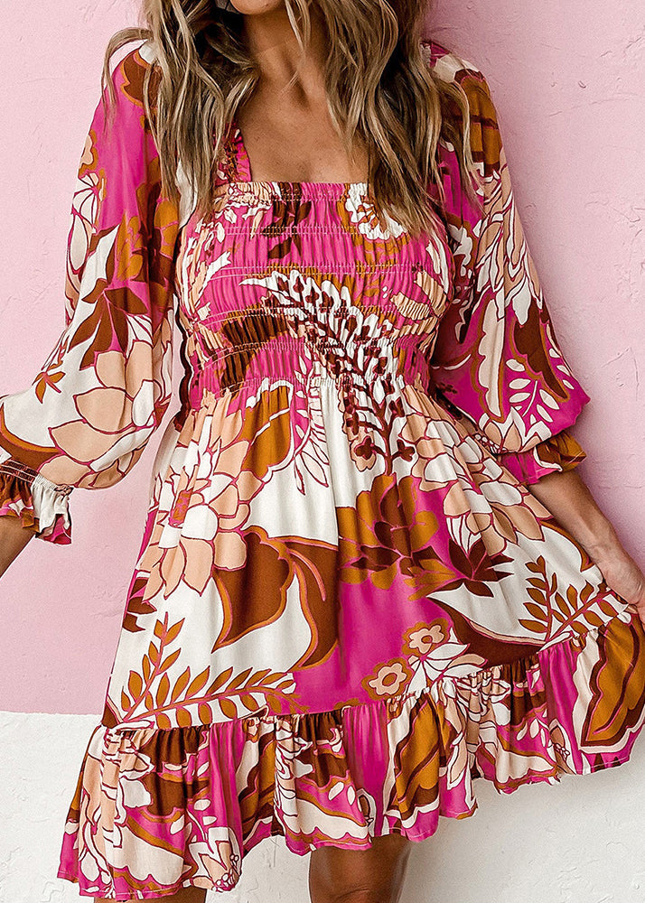 Rose Square Dress Mid Wrinkled Beautiful Fall Collar