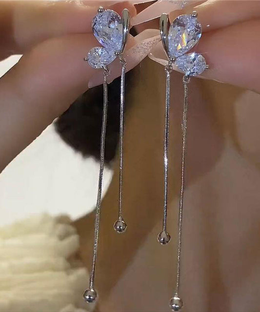 Beautiful Zircon Earrings Drop Butterfly Tassel Silk Copper