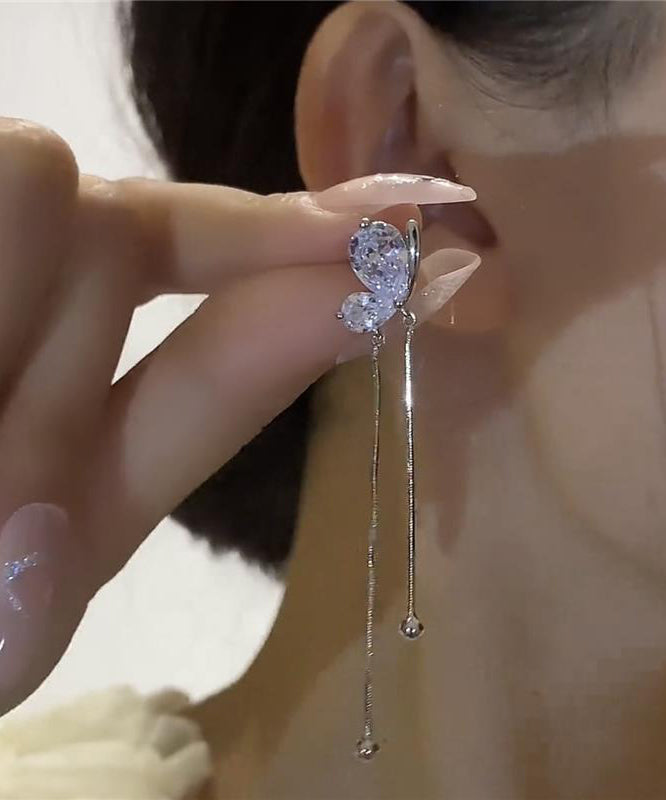 Beautiful Zircon Earrings Drop Butterfly Tassel Silk Copper