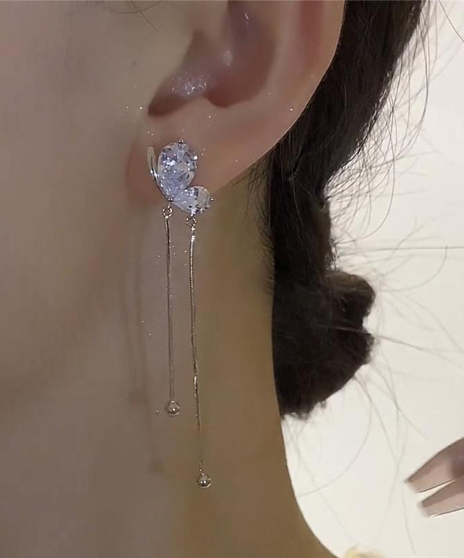 Beautiful Zircon Earrings Drop Butterfly Tassel Silk Copper