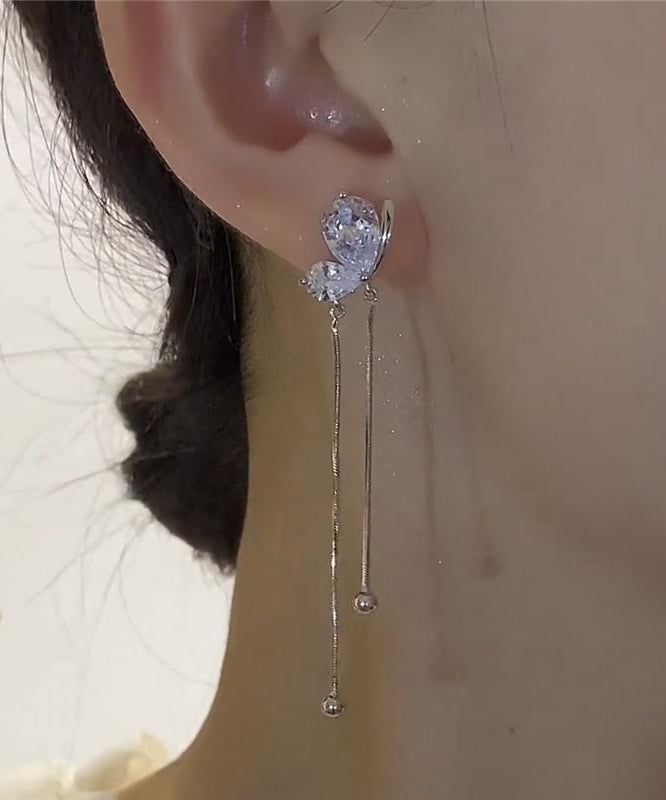 Beautiful Zircon Earrings Drop Butterfly Tassel Silk Copper