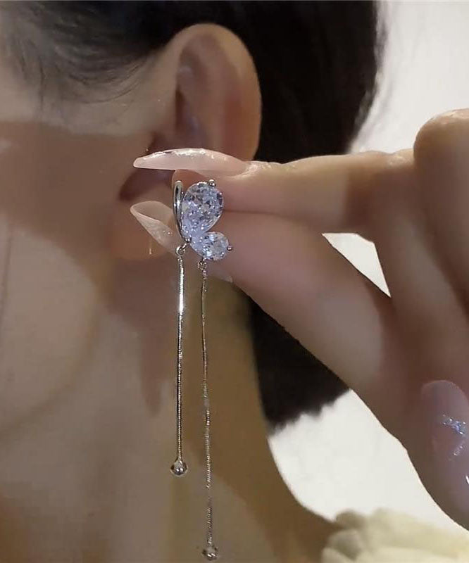 Beautiful Zircon Earrings Drop Butterfly Tassel Silk Copper