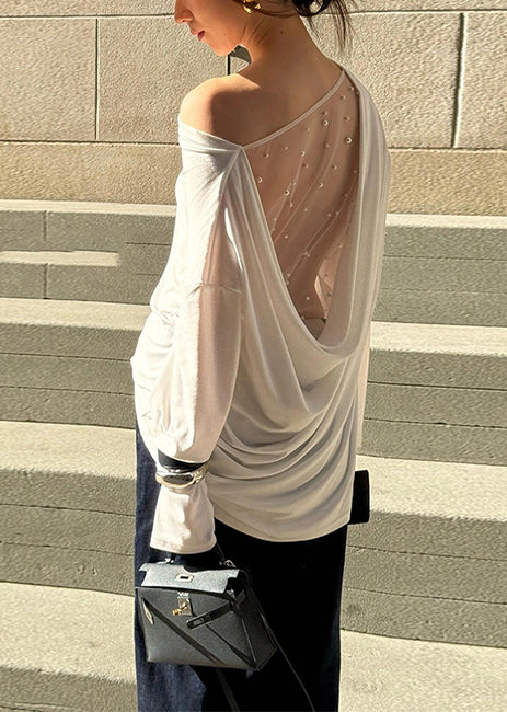 Shirt White Summer Backless Tulle Beautiful Patchwork Top