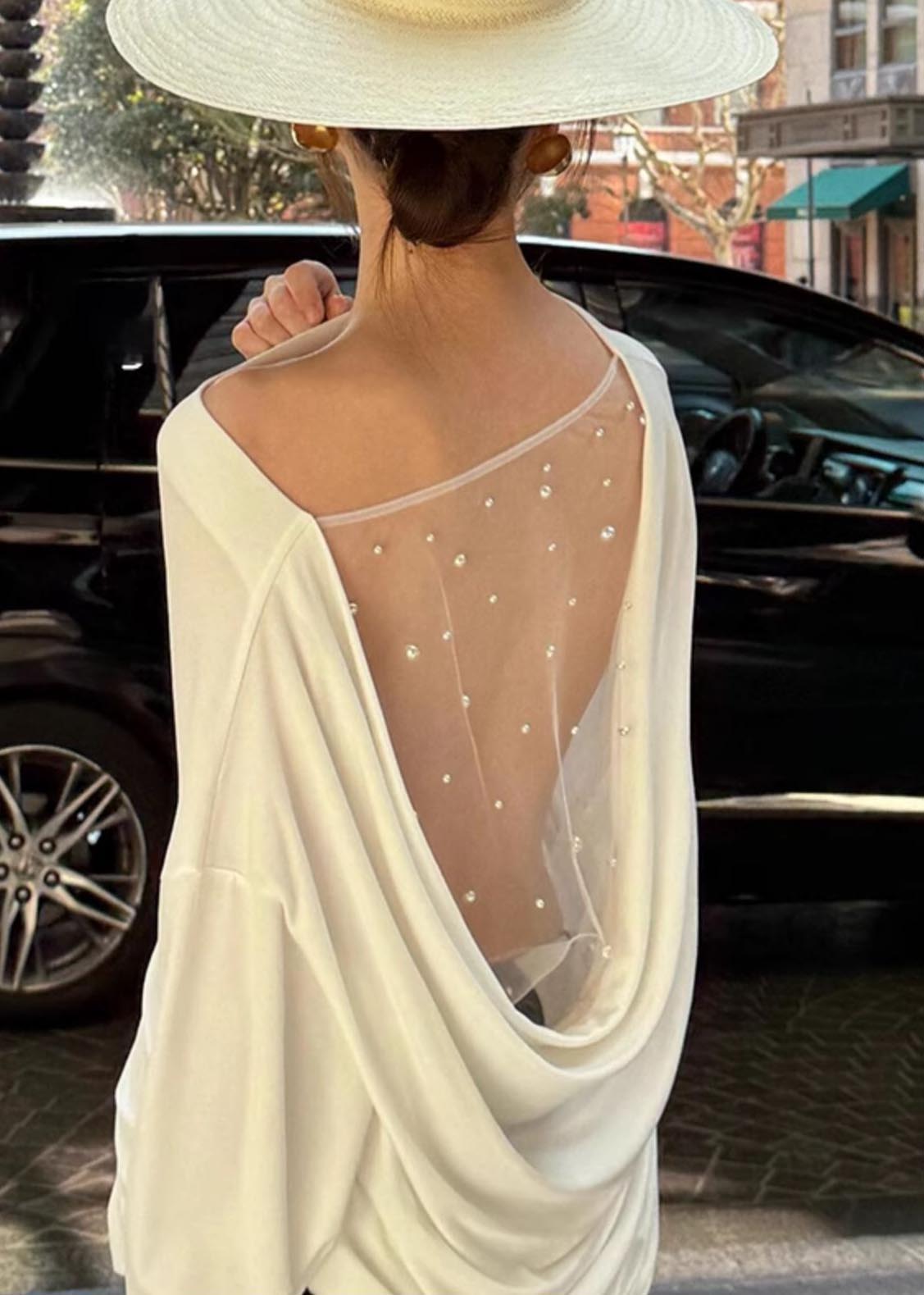 Shirt White Summer Backless Tulle Beautiful Patchwork Top