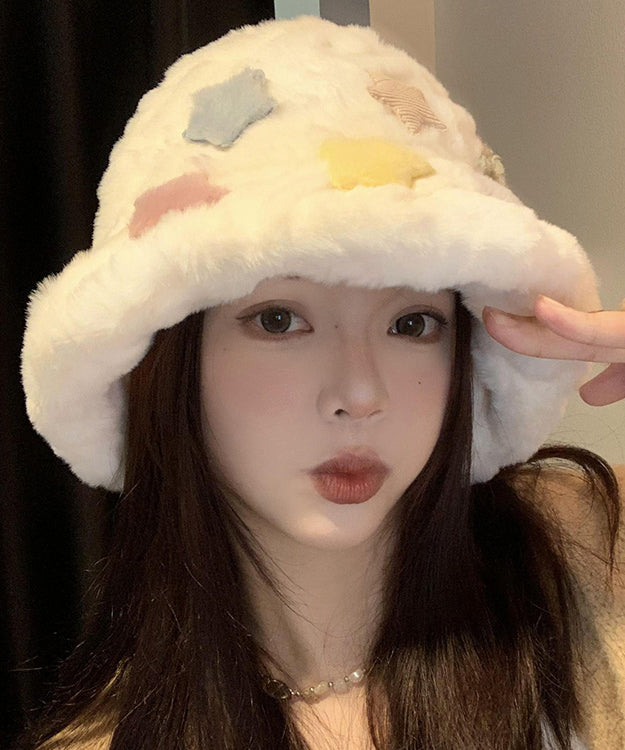 Beautiful White Patch Thick Warm Faux Fur Bucket Hat RS005