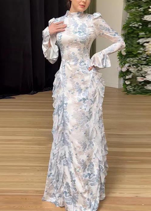 Ruffles Beautiful Long Spring White Print Chiffon Dresses