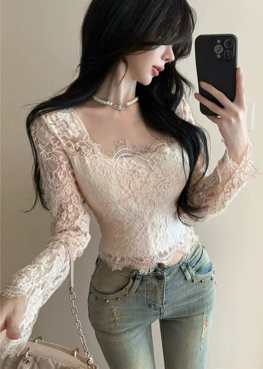 Beautiful White Square Collar Silm Fit Lace Tops Spring YP024