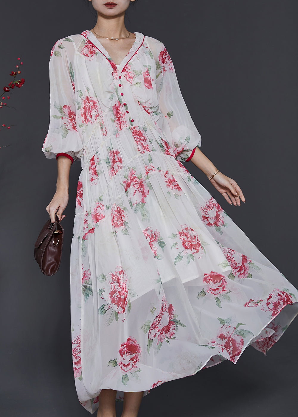 Schönes weißes Chiffon-Strandkleid mit V-Ausschnitt und Print, Frühling, SD1029