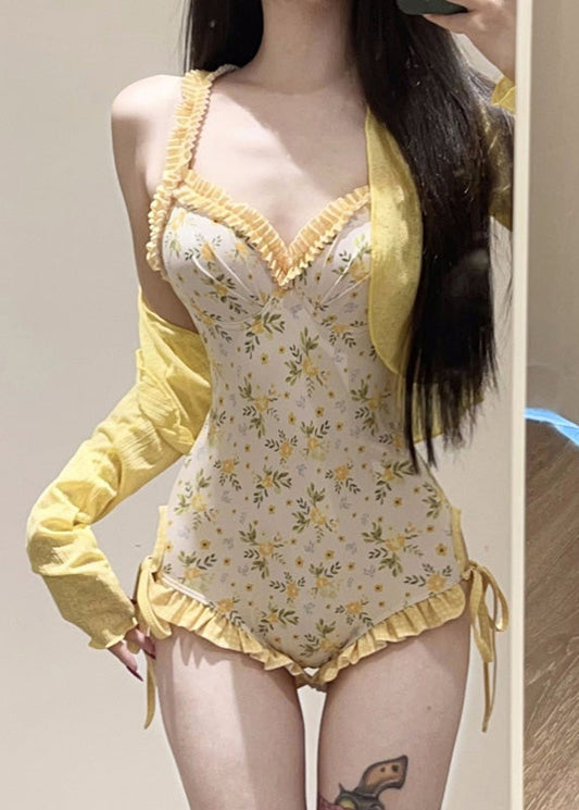 Smock Yellow Set And Beautiful Bodysuit Print Lingerie