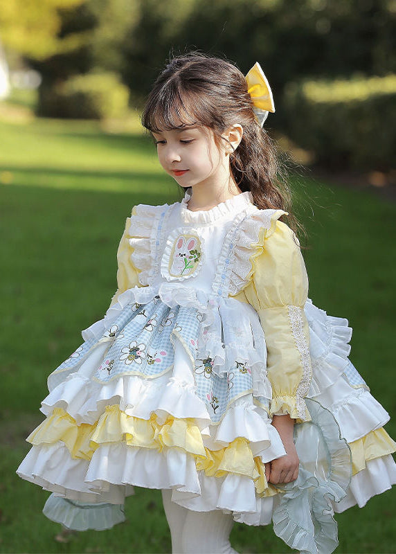 Beautiful Yellow Ruffled Patchwork Kids Mid Dress Spring YE027