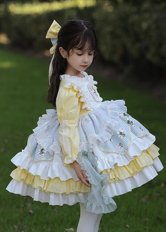 Beautiful Yellow Ruffled Patchwork Kids Mid Dress Spring YE027