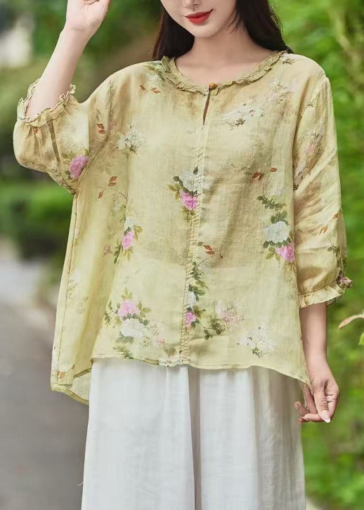 Sleeve Linen Ruffled Print Bracelet Beautiful Blouse Yellow