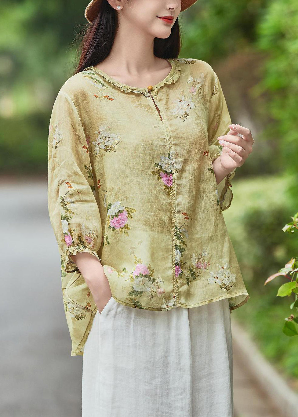 Sleeve Linen Ruffled Print Bracelet Beautiful Blouse Yellow