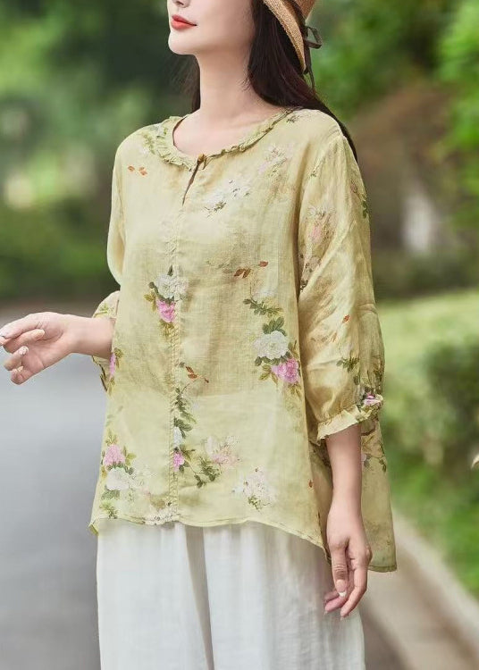 Sleeve Linen Ruffled Print Bracelet Beautiful Blouse Yellow