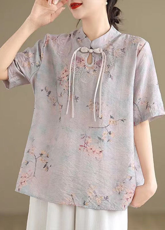 Beautiful light Purple Tasseled Print Cotton Top Short Sleeve AP029