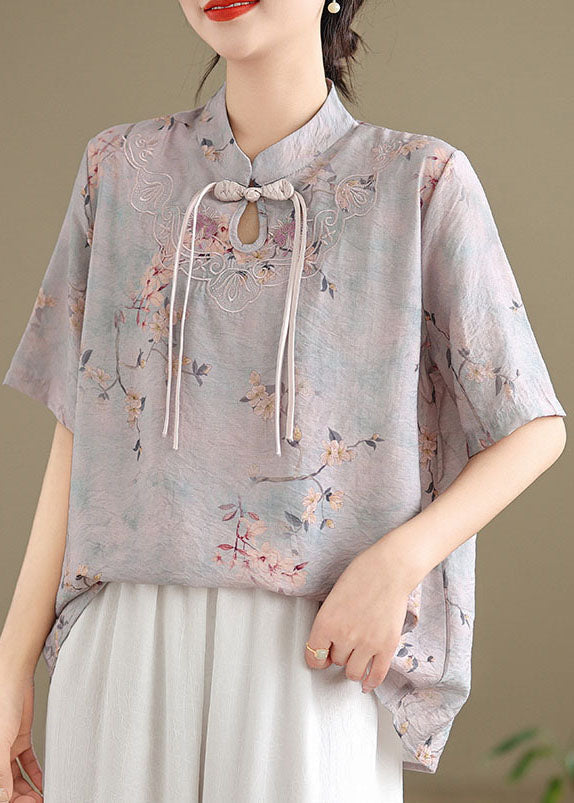 Beautiful light Purple Tasseled Print Cotton Top Short Sleeve AP029