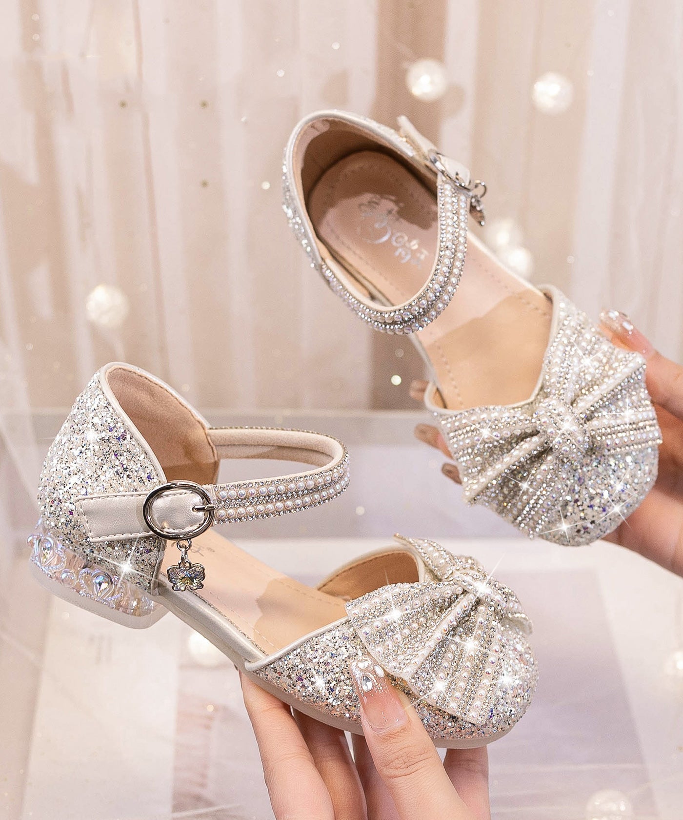Kids Fashion Princess Shoes Girls Bow Zircon Beige Buckle Strap