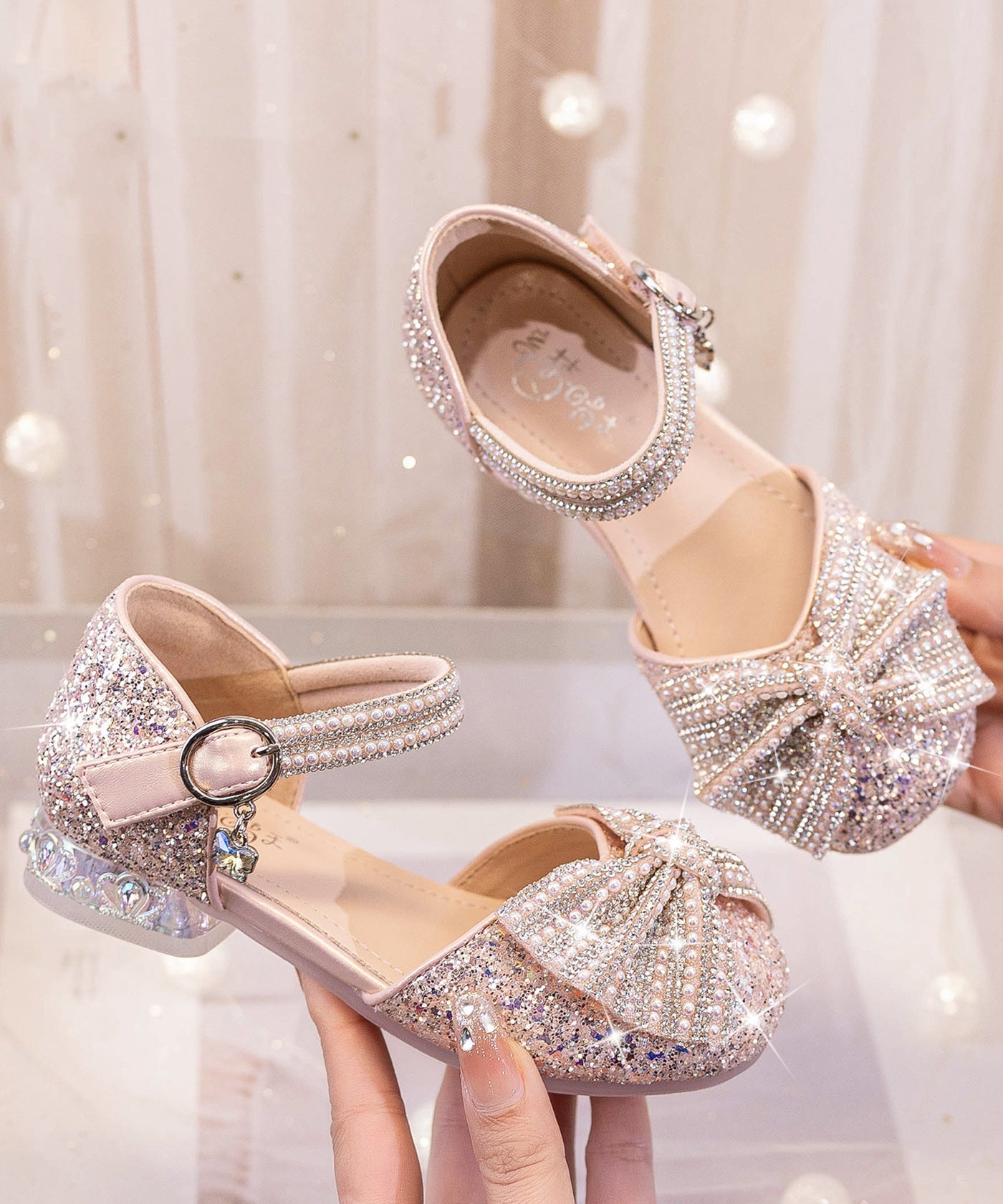 Kids Fashion Princess Shoes Girls Bow Zircon Beige Buckle Strap