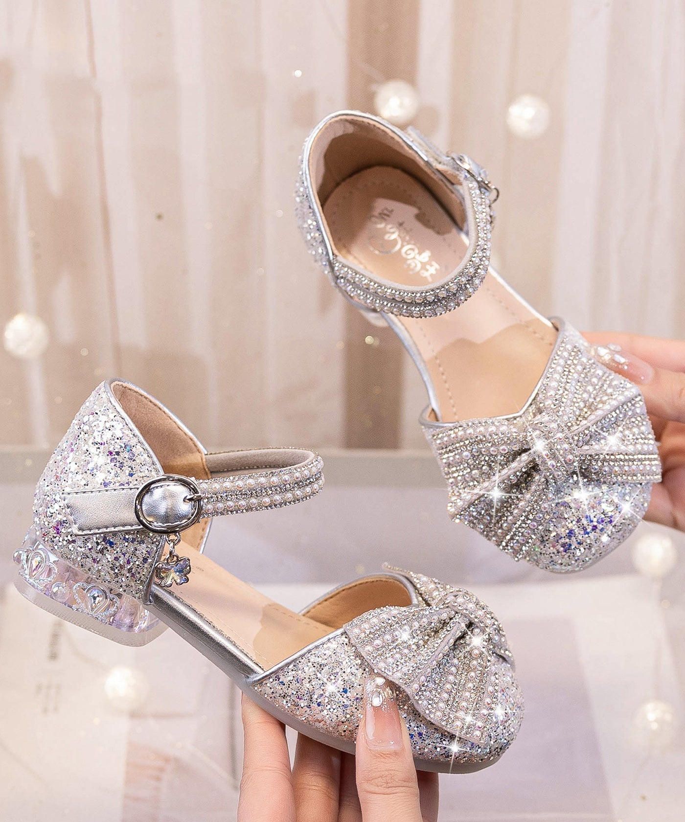 Kids Fashion Princess Shoes Girls Bow Zircon Beige Buckle Strap