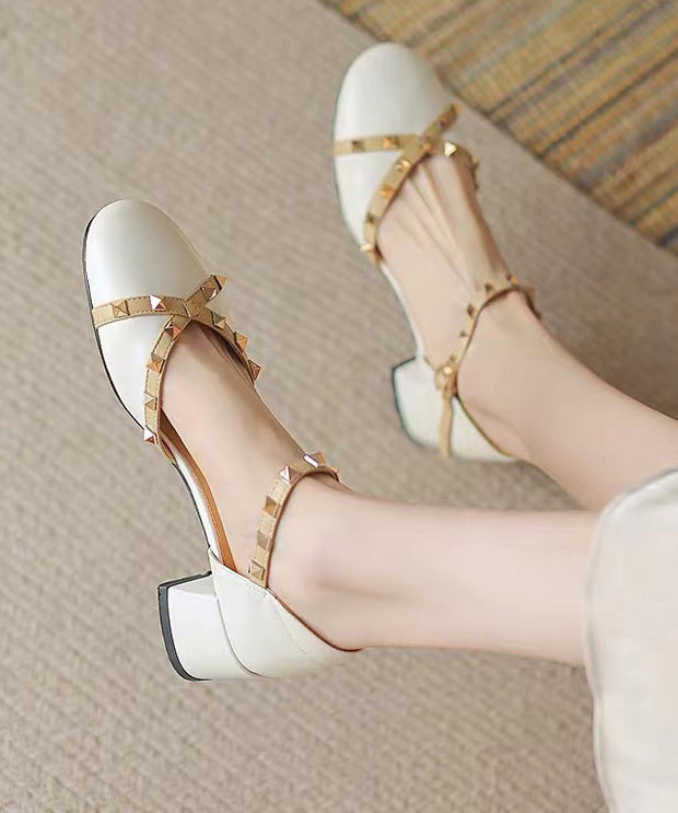 Beige Buckle Strap Cowhide Leather Rivet Baotou Sandals RT1047