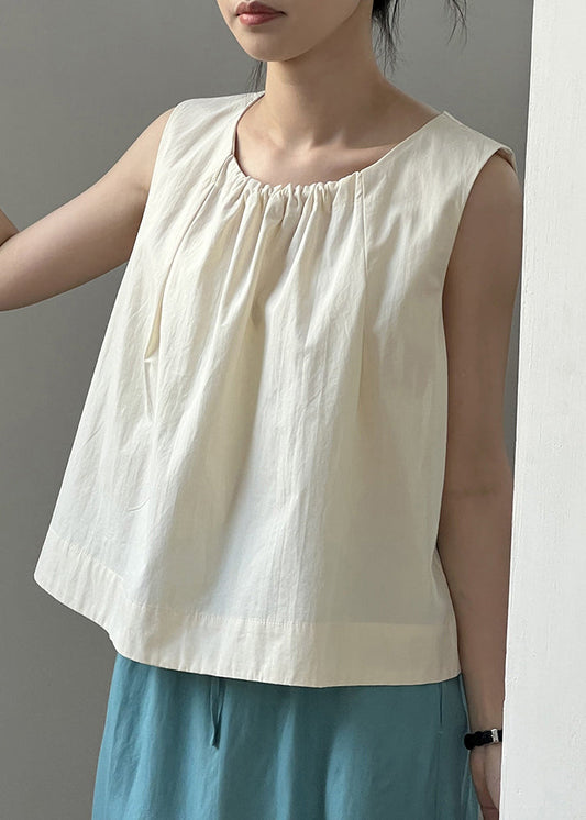 Beige Button Solid Cotton Tops O-Neck Summer QE035