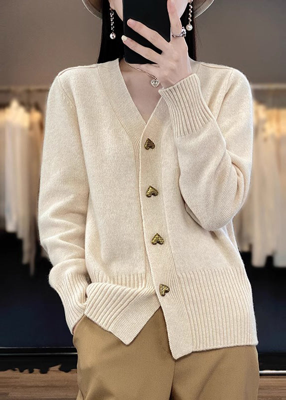 Knit Coats Spring Solid V Neck Beige Button